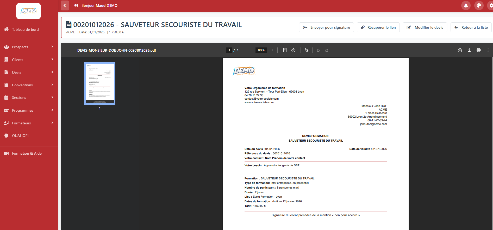 Aperçu du devis PDF généré par Evolu Start